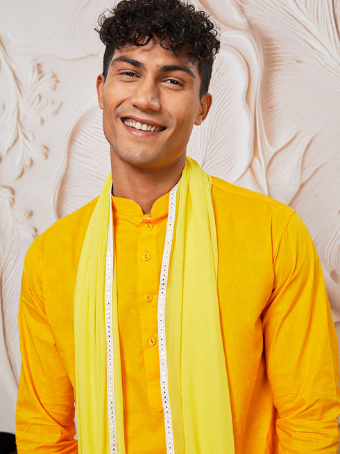 Men's Yellow Cotton Kurta,Pyjama And Dupatta Set